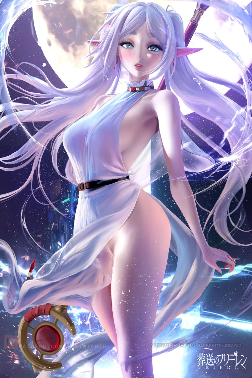 female frieren frieren_beyond_journey's_end magic_user magical_girl sakimichan showing_off small_breasts small_thighs solo_female sousou_no_frieren standing thighs twintails white_dress white_hair windy_skirt