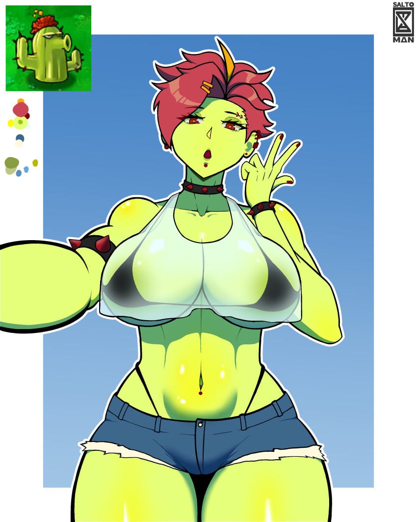 1girls anthro anthrofied ass bikini breasts breasts cactus cactus_(pvz) cactus_girl collar female flora_fauna oiled plant plant_girl plant_humanoid plantie plants_vs._zombies plants_vs_zombies popcap_games pussy red_eyes red_hair salto_man selfie shiny_skin spiked_collar