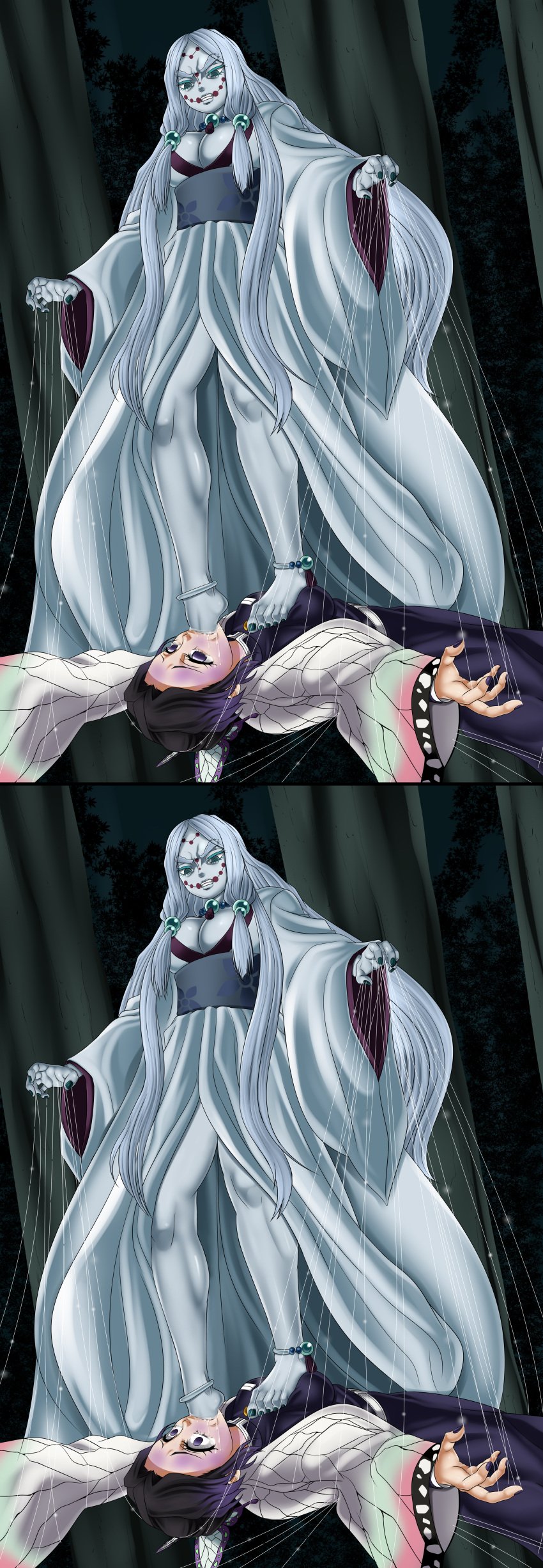 2girls aggressive angry barefoot big_breasts big_breasts bondage bondage breasts choking choking_on_foot dark_hair demon demon_girl demon_slayer domination feet female female_only floating foot_fetish foot_in_mouth forced forced_yuri forest gagged helpless humiliation kimetsu_no_yaiba kochou_shinobu long_dress mother_spider_demon multiple_girls pale_skin purple_eyes purple_fingernails purple_hair restrained revenge submissive submissive_female suffocation webbed webs white_hair white_outfit white_skin yuri