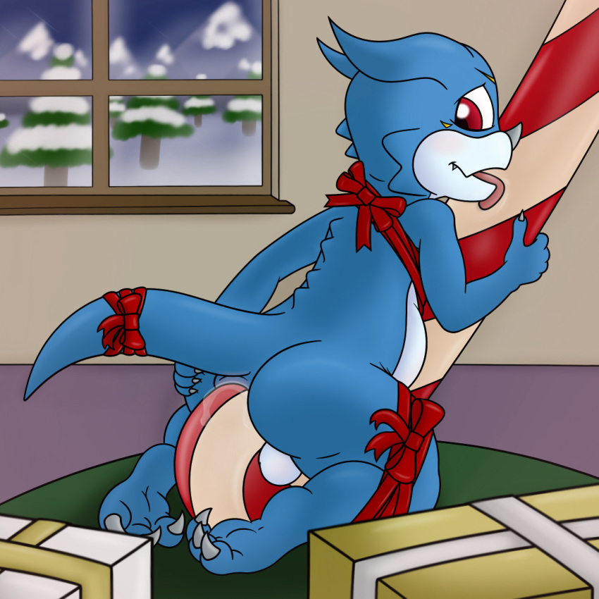 anal anal_insertion anal_sex ass ass_juice backsack balls bandai bow candy_cane christmas color colored digimon food food_play holidays insertion inside kneeling looking_back male male_only penetration rear_view ribbons scalie shaded solo spread_ass spreading stomach_bulge tight_fit tygre_(artist) veemon