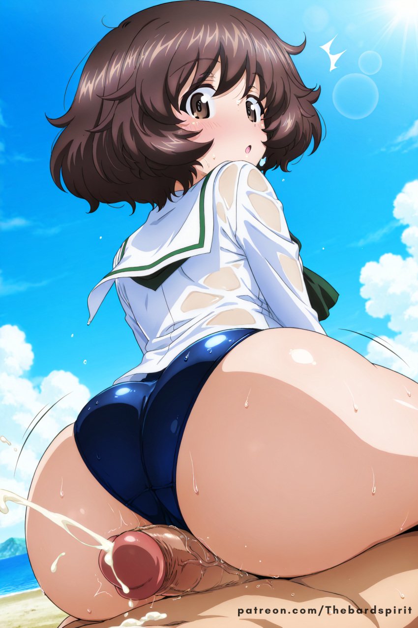 ai_generated akiyama_yukari ass ass_focus assjob beach buttsex cowgirl_position cum cumdrip day ejaculation girls_und_panzer huge_ass one-piece_swimsuit school_uniform straddling surprised uncensored wet wet_body