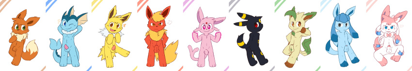 2014 3_fingers 3_toes anthro balls blush brown_eyes eevee eeveelution espeon flaccid flareon fur glaceon green_eyes group jolteon leafeon male male_only nintendo oob orange_eyes penis pink_eyes pokemon pokemon_(species) red_eyes sylveon toes umbreon vaporeon video_games