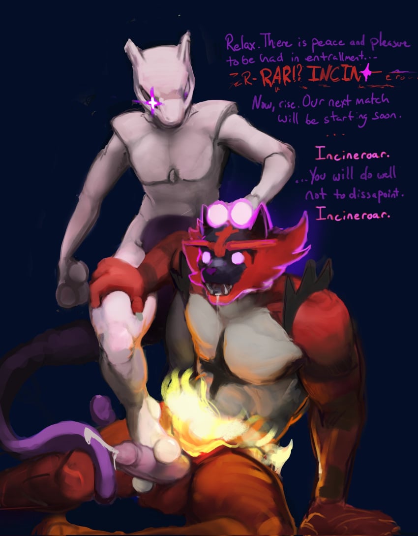 2024 anthro anthro_on_anthro balls bodily_fluids cum cumshot dialogue dominant dominant_male drooling duo ejaculation english_text erection feet fire foot_fetish foot_play footjob generation_1_pokemon generation_7_pokemon genital_fluids genitals glowing glowing_eyes hi_res humanoid_genitalia humanoid_penis hypnosis incineroar legendary_pokemon male male/male mewtwo mind_control nintendo nude open_mouth penis pokemon pokemon_(species) saliva saudax7 sex simple_background sitting submissive submissive_male text