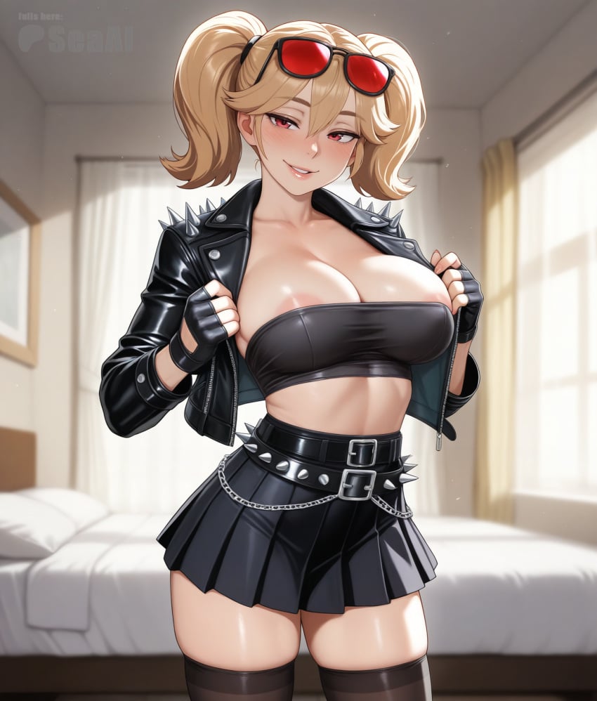 1girls ai_generated areola areola_slip areolae areolae_slip big_breasts burnice_white cleavage cowboy_shot curvy curvy_body curvy_female curvy_figure hoyoverse indoors jacket large_breasts seacreator seductive seductive_look skirt solo tube_top tubetop undressing wide_hips zenless_zone_zero