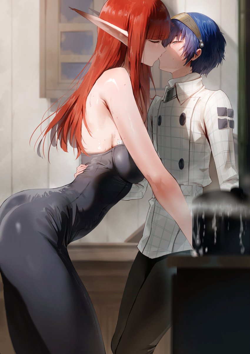 1boy1girl 1girl1boy bareback big_ass blue_hair closed_eyes eiselin_hulkenberg elf_ears elf_female grabbing_hips hulkenberg kissing leaning_forward leggings long_ears long_hair long_legs metaphor:_refantazio passionate passionate_kiss red_hair rororo shorter_male side_view sideboob slim_waist taller_girl teenager tight_fit will_(metaphor:_refantazio)