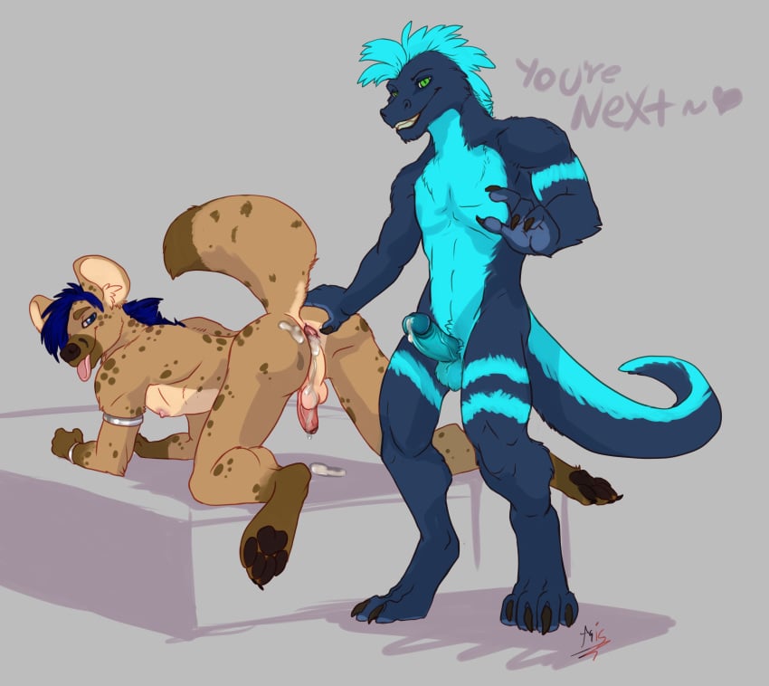 2boys after_sex all_fours anthro asis ass ass_up blue_fur blue_hair cum cum_drip cum_in_ass cum_inside cum_on_ass dragon dragonasis dripping english_text erection flaccid forced foxyena fur furred_dragon furry furry_only gaping gekkyu hair humanoid_penis hyena indoors looking_at_viewer male male_only mammal messy no_humans nude penis simple_background smile talking_to_viewer testicles text tongue tongue_out uncut yaoi zephias