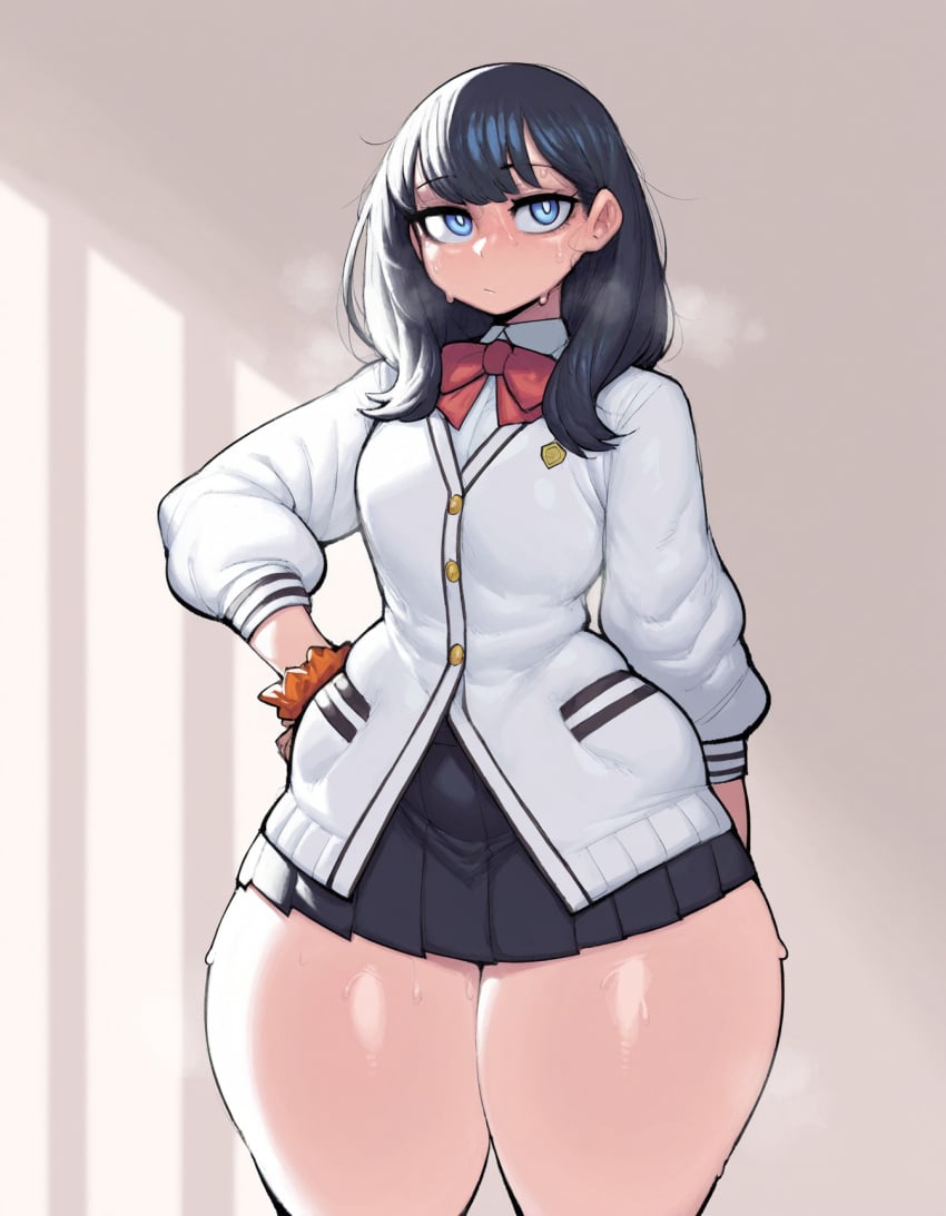 ai_generated black_hair blue_eyes bow goonedoutp3rv hand_on_hip jacket krekk0v_(ai_style) long_hair looking_at_viewer narrow_waist school_uniform scrunchie shirt skirt ssss.gridman takarada_rikka thick_thighs thighs white_shirt