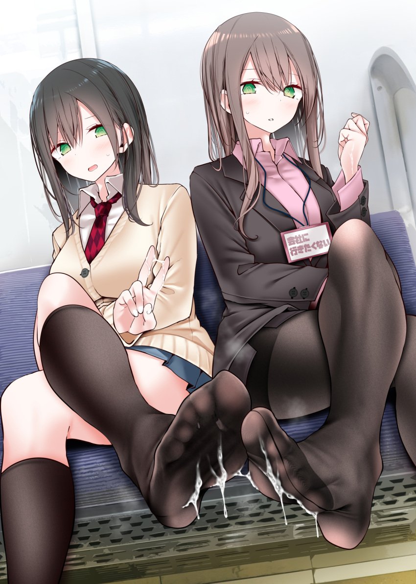 2girls black_hair black_jacket black_skirt blue_skirt breasts brown_hair cardigan collared_shirt commentary_request crossed_legs cum cum_on_body cum_on_feet feet feet_visible_through_clothing foot_focus green_eyes highres jacket jk-chan_(oouso) legs long_hair looking_at_viewer multiple_girls necktie office_lady ol-chan_(oouso) oouso original pantyhose pencil_skirt pink_shirt pleated_skirt red_necktie school_uniform shirt siblings sisters sitting skirt train_interior white_shirt yellow_cardigan