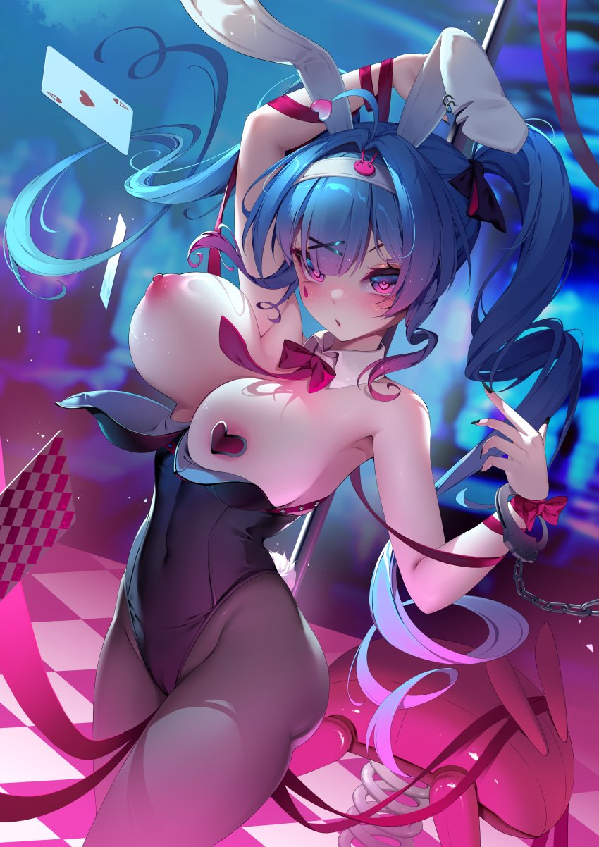 1girls absurdres ace_(playing_card) ace_of_hearts animal_ears black_leotard black_nails black_pantyhose blue_eyes blue_hair breast_slip breasts breasts_out card checkered_floor cuffs detached_collar drill_hair fake_animal_ears handcuffs hatsune_miku heart heart-shaped_pupils heart_pasties highres indoors leotard looking_at_viewer nail_polish nipples pantyhose pasties pink_pupils playboy_bunny playing_card pole rabbit_ears rabbit_hole_(vocaloid) red_ribbon ribbon senyee solo stripper_pole symbol-shaped_pupils teardrop_facial_mark twin_drills vocaloid wardrobe_malfunction