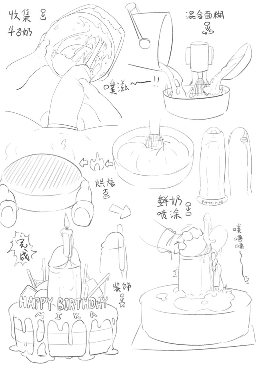 absurd_res anthro baking birthday_cake cake candle chinese_text cooking dessert domestic_cat felid feline felis food foreskin hi_res humanoid male male_focus male_only mammal mika_(mikanishi) mikanishi monochrome penis portal portal_ring solo text