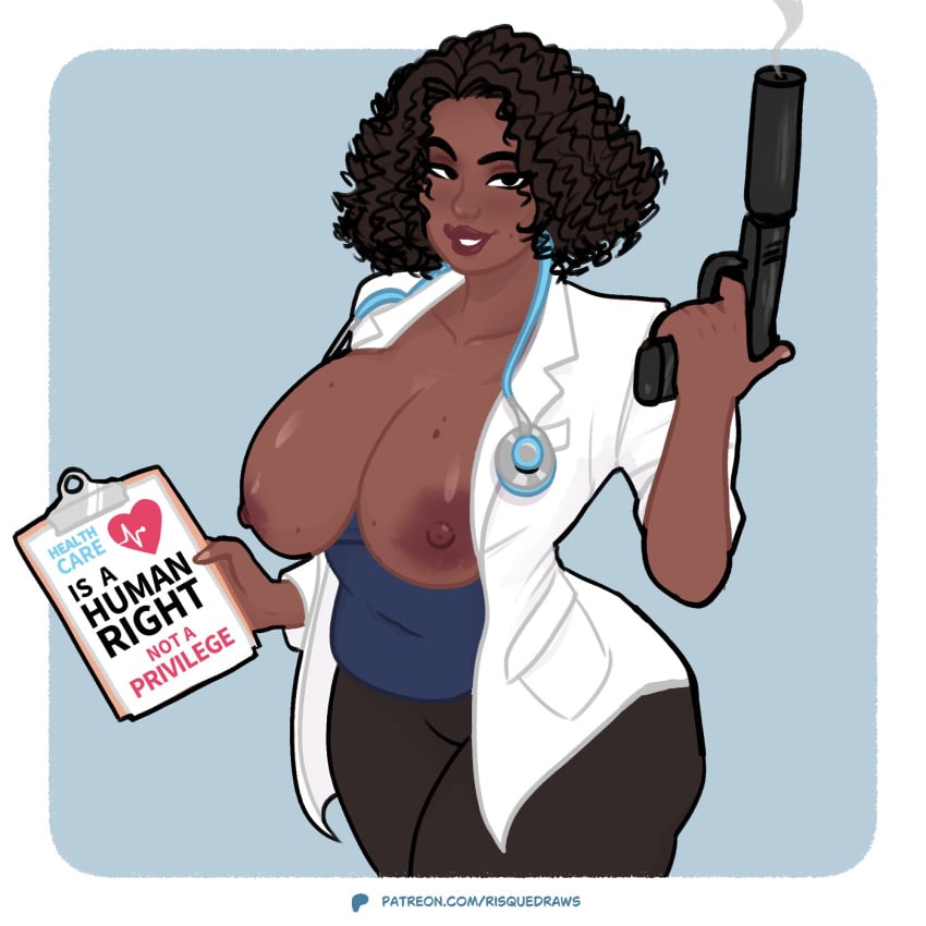 1girl based big_breasts breasts breasts_bigger_than_head breasts_out breasts_out_of_clothes dark-skinned_female doctor enormous_breasts female gigantic_breasts gun huge_breasts large_areolae large_breasts looking_at_viewer nurse pinup risquedraws silencer