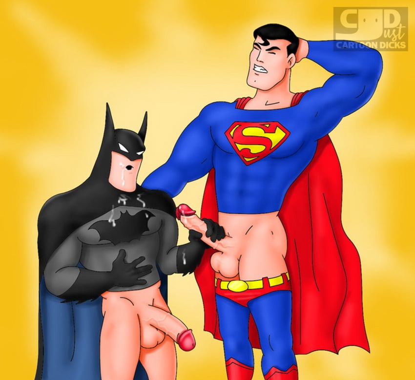 2male 2males 2men batman batman_(series) bed bruce_wayne clark_kent costume cum cumshot dc dc_comics gay gay_sex justcartoondicks.com male male/male muscular muscular_male penis superman superman_(series)