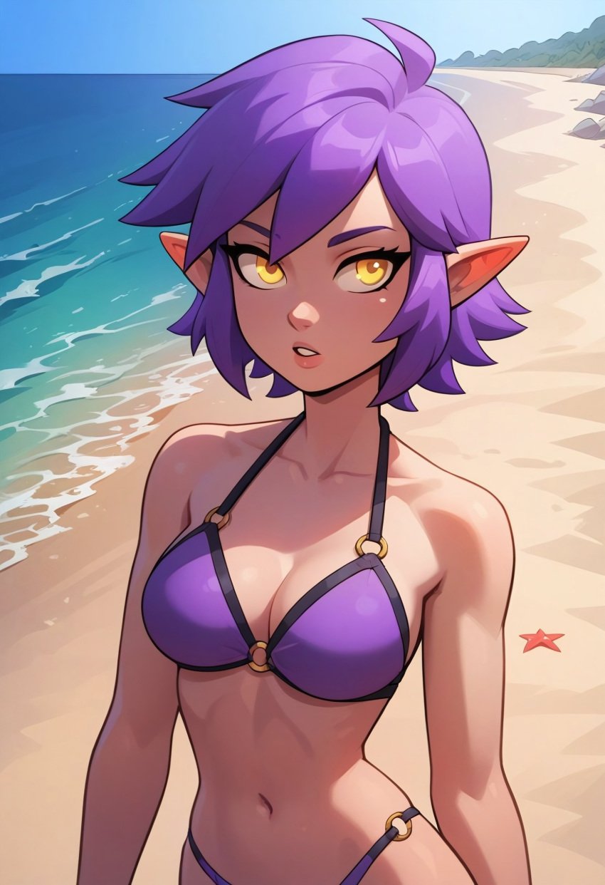 1girls ai_generated amity_blight beach bikini breasts cleavage collarbone day disney disney_channel looking_at_viewer medium_breasts navel oring_bikini outdoors parted_lips pointy_ears purple_bikini purple_hair short_hair solo swimsuit the_owl_house xiiirockiiix yellow_eyes