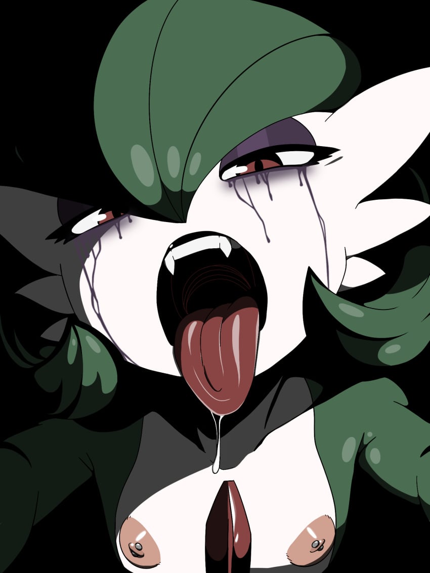 3:4 ambiguous_gender anthro areola bodily_fluids drooling erisrenatus fangs flat_chested gardevoir generation_3_pokemon hi_res lipstick makeup nintendo nipple_piercing nipples piercing pokemon pokemon_(species) running_makeup saliva solo teeth tongue tongue_focus tongue_out