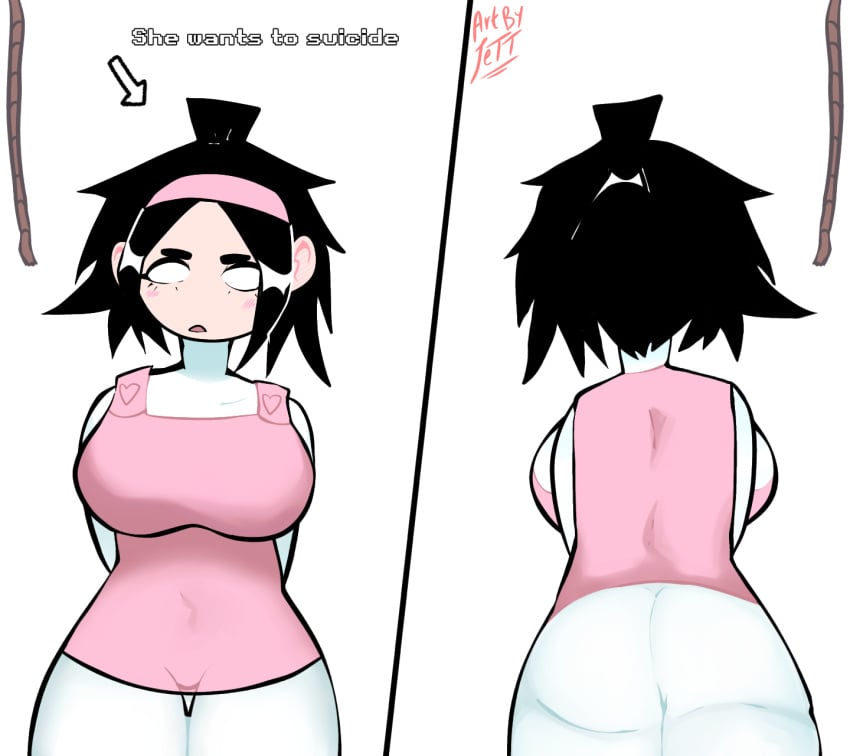 big_ass big_breasts black_hair breasts clothing friday_night_funkin jett_the_dark nene_(newgrounds) newgrounds pico's_school pink_clothing text thick thick_thighs thighs white_background white_eyes