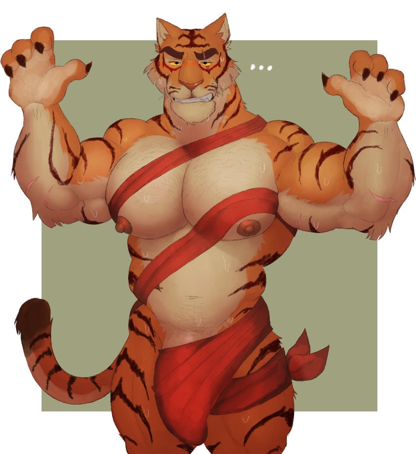 2024 anthro areola barazoku belly biceps big_bulge big_muscles blush bodily_fluids border bulge christmas claws clenched_teeth ellipsis epic_games eyebrows felid fleshformomo fortnite front_view frown fur genitals gift_wrapped grey_background hi_res holidays huge_bulge huge_muscles male mammal musclegut muscular muscular_anthro muscular_male narrowed_eyes nipples nude oscar_(fortnite) pantherine pecs penis penis_base ribbons scar simple_background solo standing sweat teeth thick_arms thick_thighs tiger tuft white_border wraps