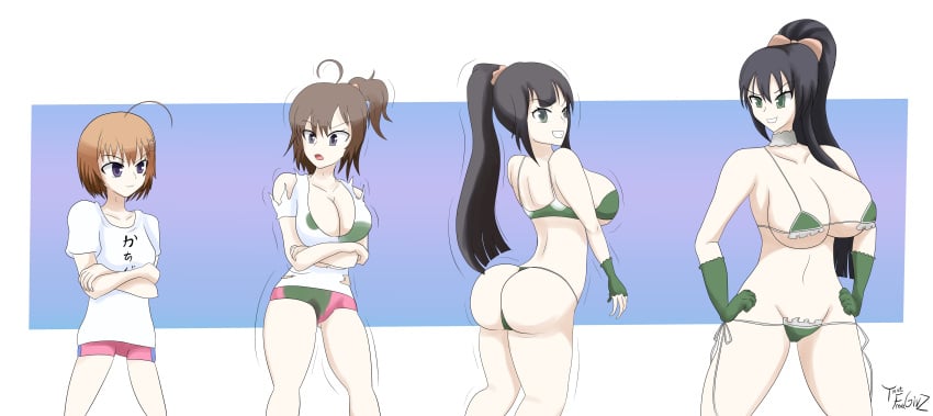 age_progression aged_up ass_expansion black_hair breast_expansion brown_hair clothing_transformation green_eyes green_gloves haruna_(kore_wa_zombie_desu_ka?) kore_wa_zombie_desu_ka? long_hair pink_shorts ponytail purple_eyes seraphim_(kore_wa_zombie_desu_ka?) skimpy skimpy_bikini skimpy_outfit thatfreakgivz transformation transformation_sequence white_shirt