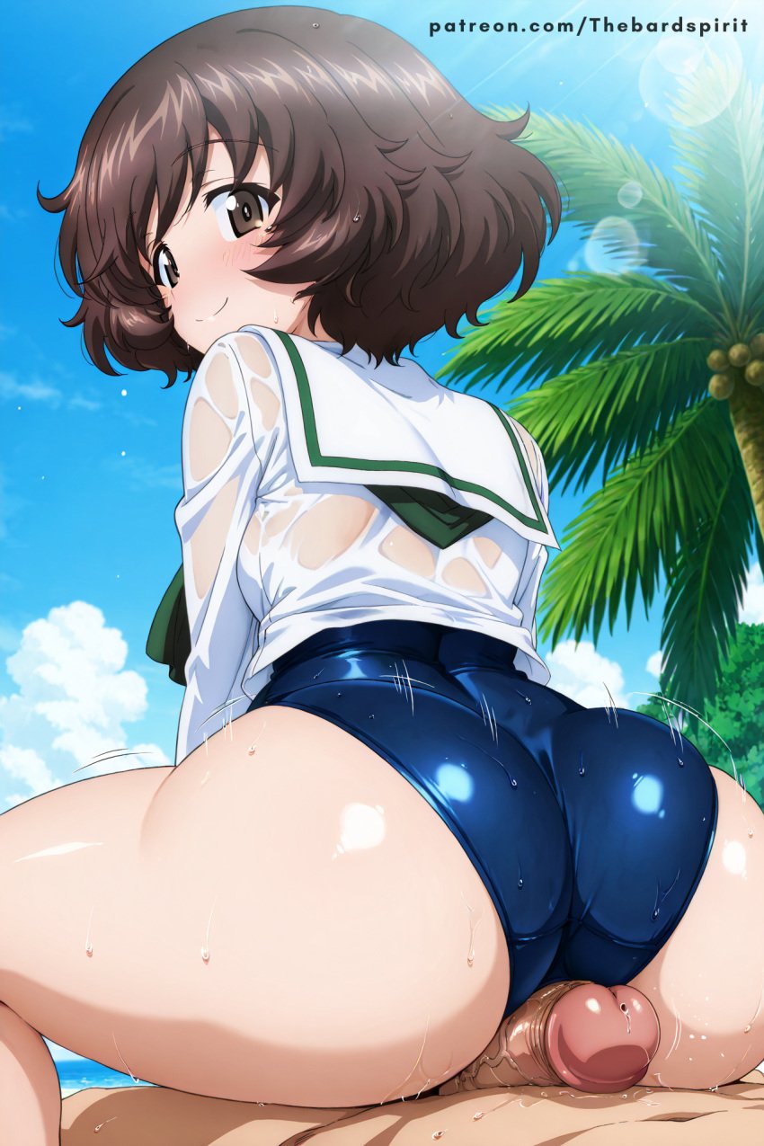 ai_generated akiyama_yukari ass ass_focus assjob beach buttsex cowgirl_position day girls_und_panzer huge_ass one-piece_swimsuit school_uniform straddling uncensored wet wet_body