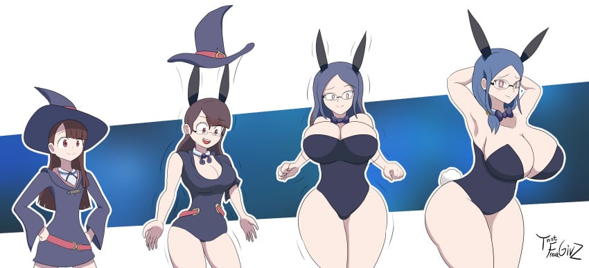 age_progression aged_up akko_kagari ass_expansion atsuko_kagari breast_expansion bunny_ears bunny_girl bunny_tail bunnysuit clothing_transformation glasses little_witch_academia red_eyes thatfreakgivz transformation transformation_sequence ursula_callistis witch witch_hat