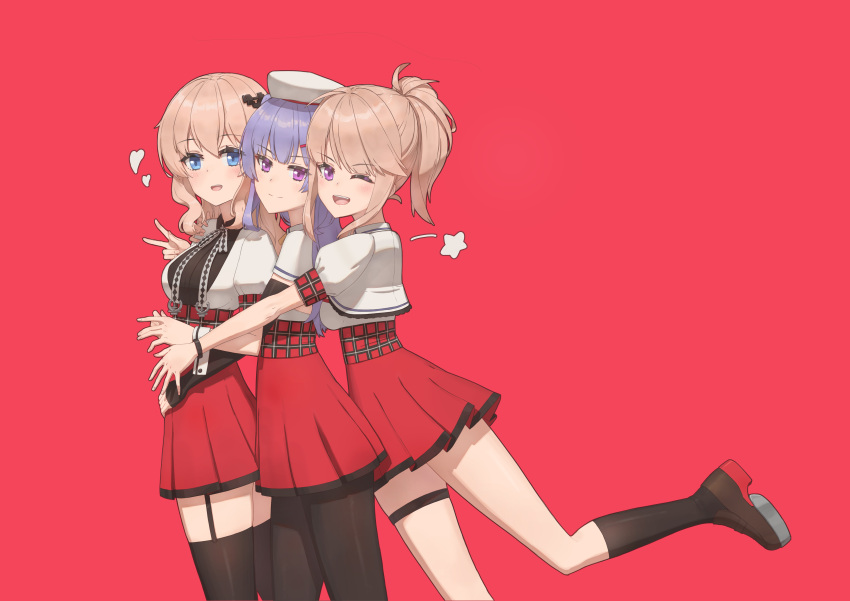 3girls absurdres achilles_(azur_lane) ajax_(azur_lane) azur_lane blue_eyes from_side heart highres leander_(azur_lane) linyexingyue multiple_girls purple_eyes red_background star_(symbol)