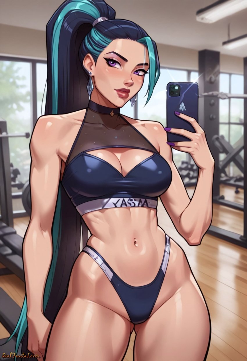 ai_generated bikini blue_hair breasts cellphone cleavage cleavage_cutout earrings female hair_pulled_back jewelry k/da_all_out_kai&#039;sa k/da_all_out_series kai&#039;sa league_of_legends lips long_hair looking_at_viewer nail_polish navel phone ponytail purple_eyes solo swimsuit