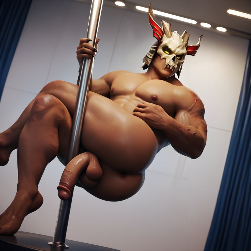 ai_generated anus ass black_eyes crossed_legs flaccid from_behind glowing_eyes horned_helmet indoors male_focus mortal_kombat nude penis penis_out photorealistic pole pole_dancing presenting shao_kahn skull_mask solo_male stable_diffusion standing testicles yellow_sclera