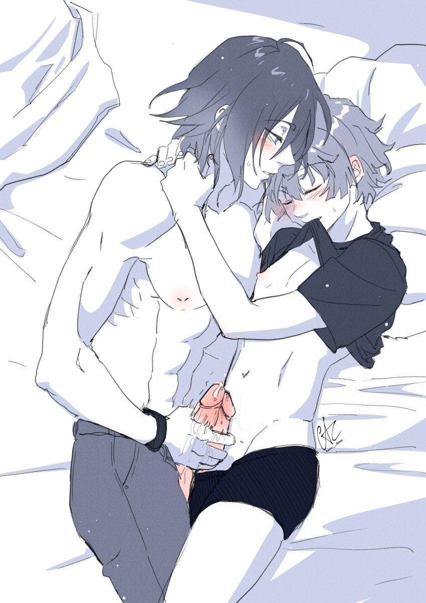 2boys athletic_male biting_clothes black_and_white blue_eyes blush circumcised closed_eyes erect_nipples erect_penis erection femboy forte_(love_melodies) frottage frotting gay handjob hazuki_(love_melodies) kasutama leaking_cum leaking_precum love_melodies lying_on_bed male male/male male_focus male_only masturbating masturbation partially_clothed penis sketch sweat sweatdrop sweating yaoi