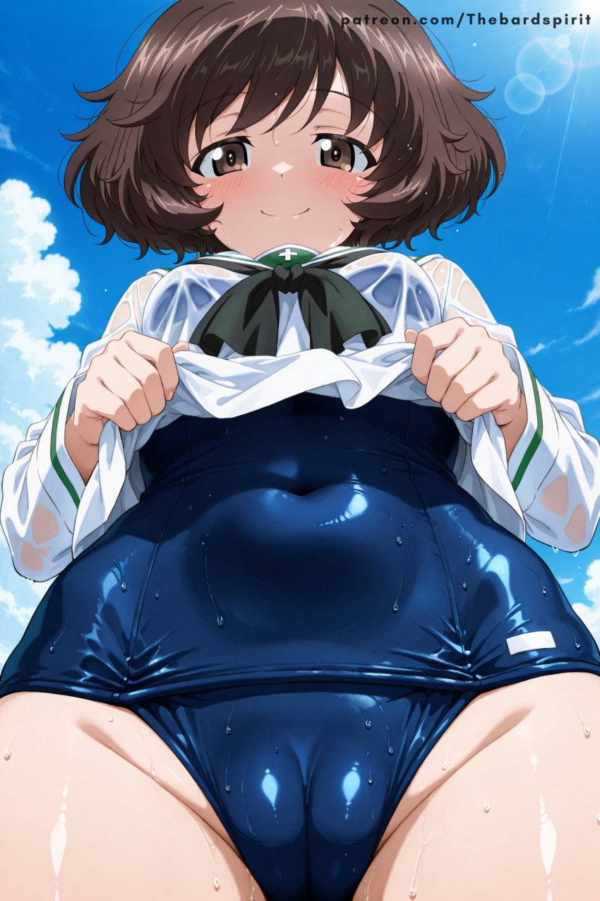 ai_generated akiyama_yukari beach cameltoe girls_und_panzer one-piece_swimsuit school_uniform schoolgirl shirt_lift uncensored wet