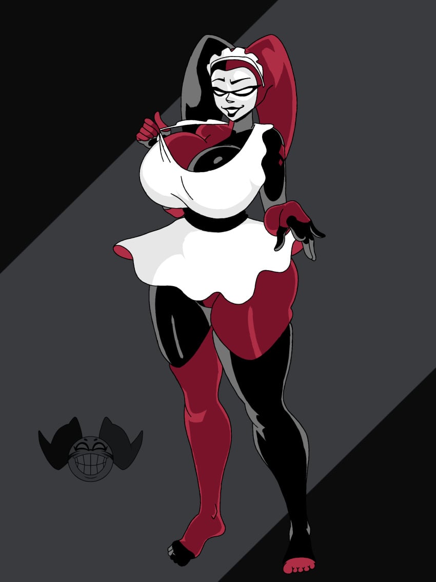 1girls alfred_pennyworth big_ass big_butt black_and_red_suit breasts breasts_bigger_than_head clown_girl clownification dc dc_comics domino_mask female female female_focus female_only gender_transformation genderbent genderswap_(mtf) harlequin harley_quinn harley_quinn_symbol hourglass_figure large_ass large_breasts large_thighs latex latex_clothing latex_suit maid maid_outfit maid_uniform male_to_female mtf_transformation quinnification rule_63 thick_ass thick_thighs transformation ultra4rtz white_dress wide_hips