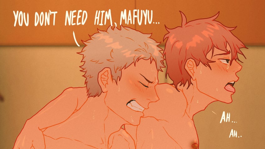 2boys blurry blurry_background blush clenched_teeth closed_eyes cuckoo_chan english_text given highres implied_sex kaji_akihiko male_focus multiple_boys netorare nipples nude open_mouth paid_reward_available satou_mafuyu short_hair sweat teeth tongue upper_body v-shaped_eyebrows yaoi