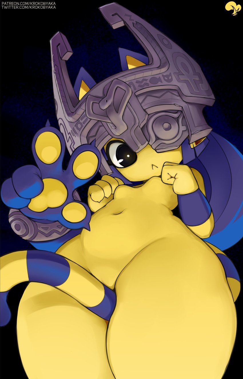 :< @_@ animal_crossing animal_ears ankha anthro ass between_legs black_eyes blue_hair body_fur breasts cat_ears cat_girl cat_tail closed_mouth clothing colored_skin crossover female furry furry_female fusion groin hand_up hands_up headwear helmet humanoid krokobyaka legs_together long_hair looking_at_viewer mammal midna navel nipples nude shortstack small_breasts solo standing stomach striped_tail tail tail_between_legs the_legend_of_zelda thick_thighs thighs v vagina wide_hips yellow_skin