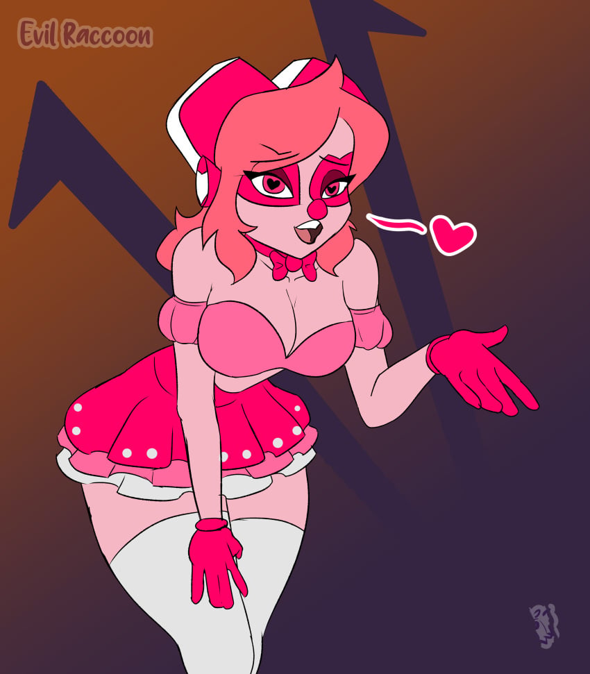 air_kiss big_breasts cartoon_network clown clown_girl clown_nose evil_raccoon female_only miniskirt miss_heed_(villainous) pink_body pink_eyes pink_hair pink_skin villainous