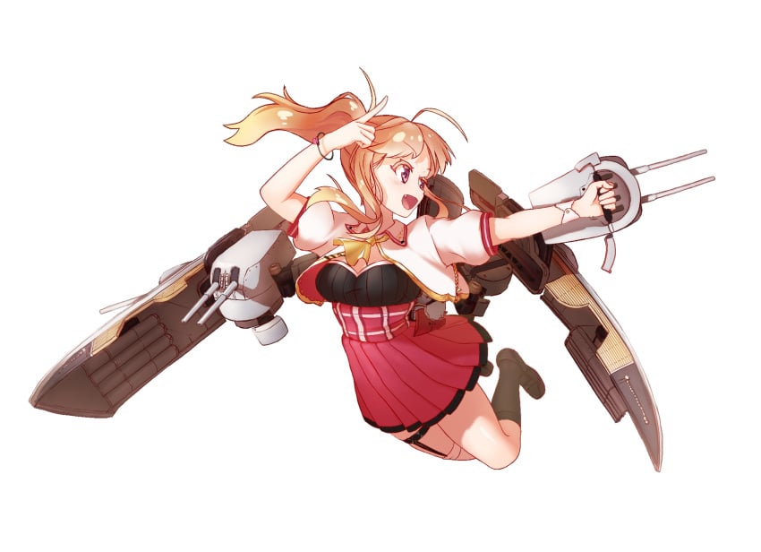 achilles_(azur_lane) achilles_(retrofit)_(azur_lane) azur_lane coariouse full_body gun highres holding holding_weapon jumping looking_at_another ripping weapon white_background