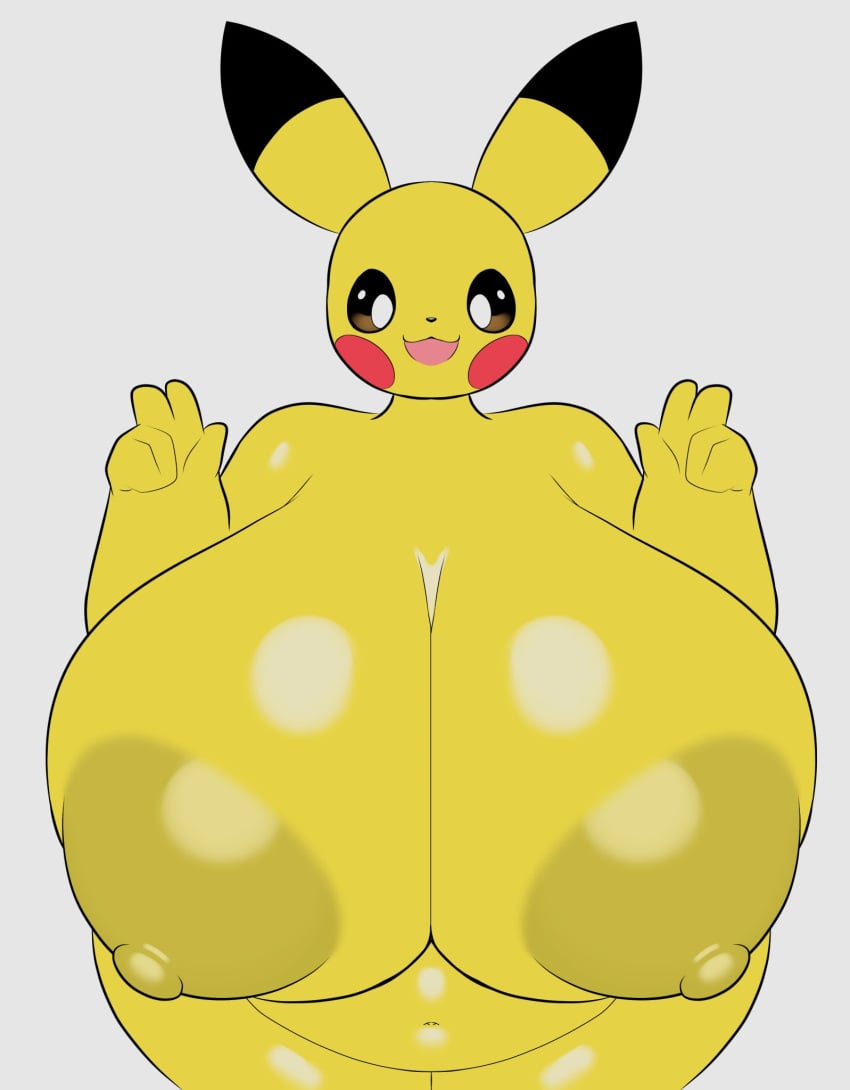 1girls :d adorable big_ass big_breasts big_ears big_hips breasts completely_naked completely_naked_female completely_nude completely_nude_female cute eyes_open female female_focus female_only huge_breasts naked nintendo nude open_eyes open_mouth open_mouth peace_sign pikachu pokémon_(species) pokemon pokemon_(species) simple_background solo solo_female tha_randomu trandomu white_background yellow_body