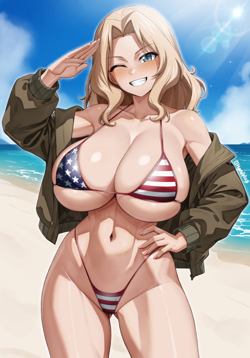 1girls american_flag_bikini beach bikini blonde_hair handplug huge_breasts jacket jacket_off_shoulders kay_(girls_und_panzer) looking_at_viewer salute smile thick_thighs wink