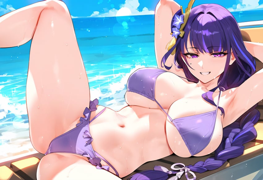 1girls ai_generated big_breasts breasts female female_focus female_only genshin_impact hips huge_breasts large_breasts long_hair looking_at_viewer mature_female navel purple_eyes purple_hair raiden_shogun swimsuit thick_thighs thighs