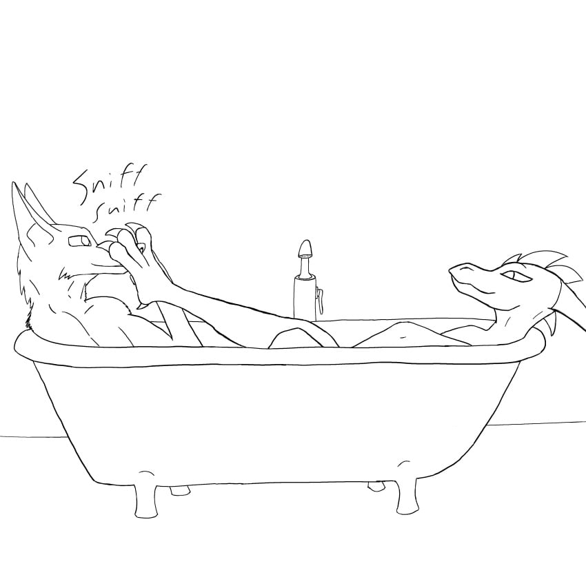 1:1 absurd_res anthro bathroom bathtub canid canine canis claws dragon duo feet female foot_fetish foot_sniffing fur hi_res line_art looking_at_another male male/female mammal monochrome mythological_creature mythological_scalie mythology relaxing scalie side_view smile sniffing toe_claws way2horny wolf