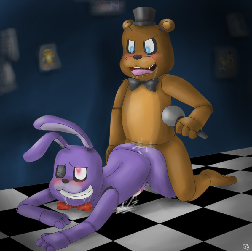 anal anal_sex animatronic anthro bareback blue_eyes bonnie_(fnaf) bow_tie brown_fur cum cum_inside cumshot duo five_nights_at_freddy's freddy_(fnaf) fur gay happy hat machine male mechanical microphone orgasm penetration penis pink_eyes purple_fur robot saliva sex skyoshi top_hat