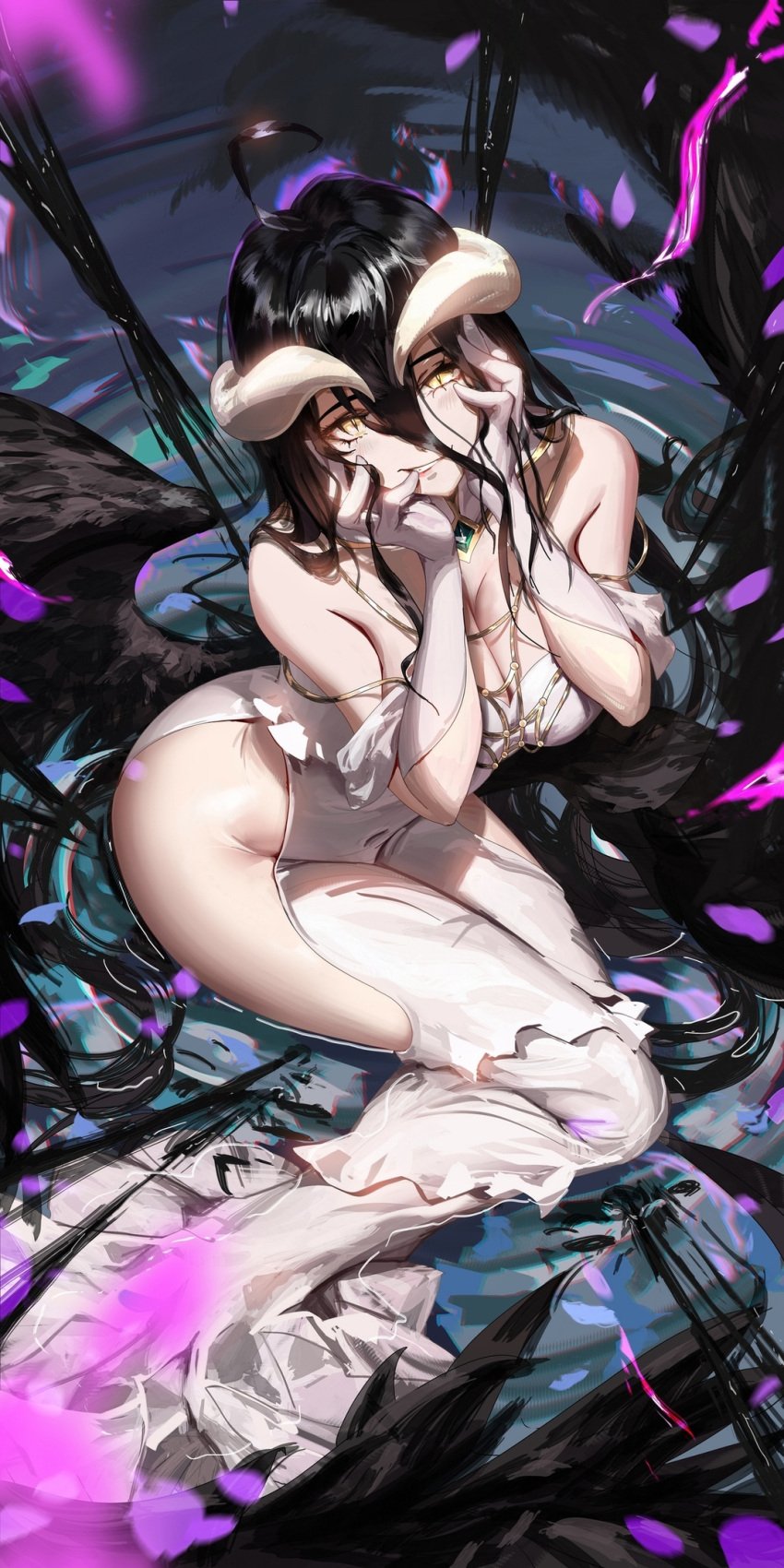 1girls albedo_(overlord) bare_shoulders big_breasts black_hair breasts chest cleavage dress female female_only grin hair_between_eyes half-closed_eyes hands_on_face highres hips horns liang_xing light-skinned_female long_dress long_hair looking_at_viewer no_panties overlord_(maruyama) revealing_clothes sitting sitting_in_water solo succubus thighs white_dress wings yellow_eyes