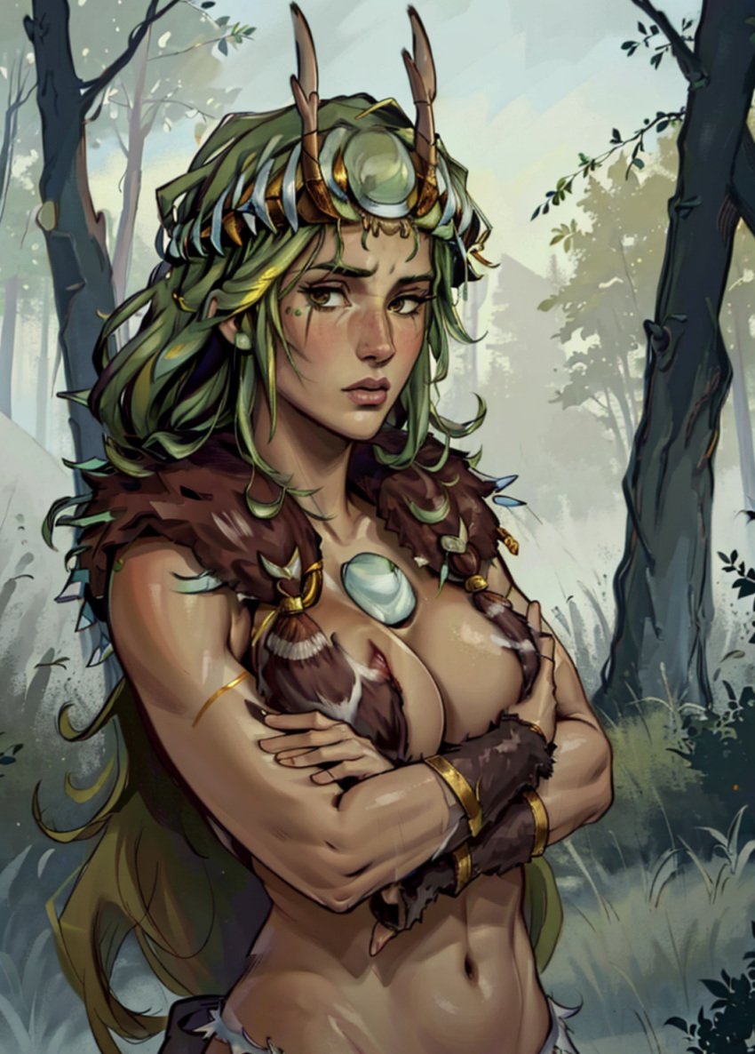 1girls ai_generated antlers artemis artemis_(hades) athletic_female blush braided_hair breasts covering_breasts crossed_arms embarrassed female female_focus forest goddess greek_mythology green_hair hades_(game) long_hair looking_at_viewer medium_breasts mythology nature nervous outdoors solo_focus stable_diffusion virgin