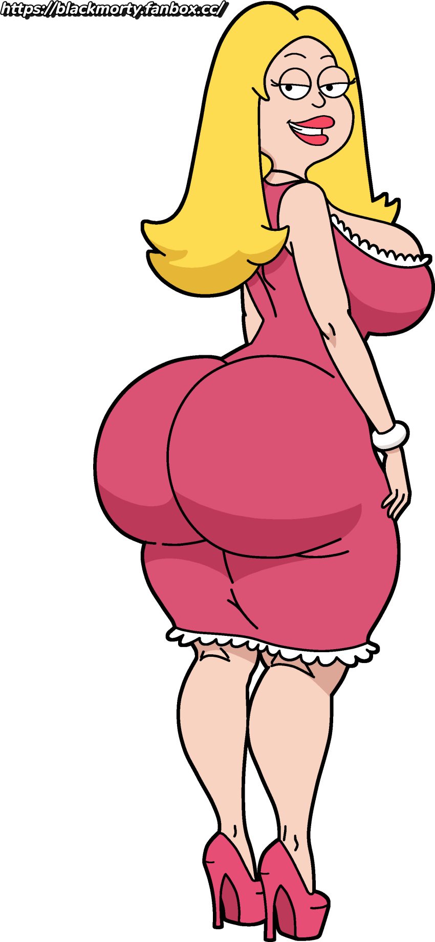 1girls 20th_century_fox american_dad blackmorty_(artist) blonde_hair bubble_butt dat_ass female female_only francine_smith high_heels huge_ass huge_breasts looking_at_viewer looking_back smiling solo transparent_background