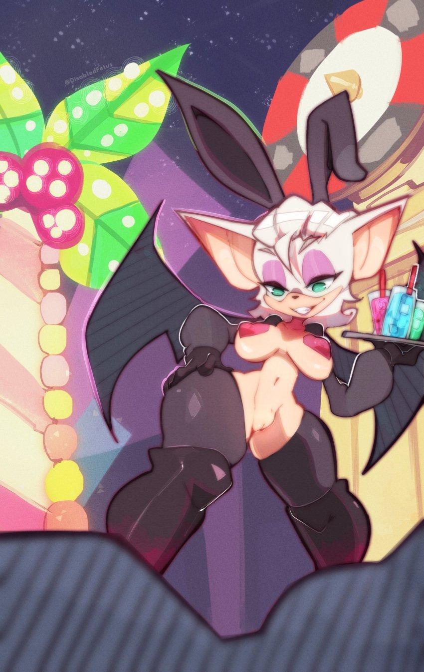 anthro bat beverage breasts clothing container cup disabledfetus eyeshadow fake_ears female fur genitals hi_res legwear makeup mammal pussy rouge_the_bat sega signature smile solo sonic_(series) sonic_the_hedgehog_(series) tan_body tan_skin white_body white_fur wings