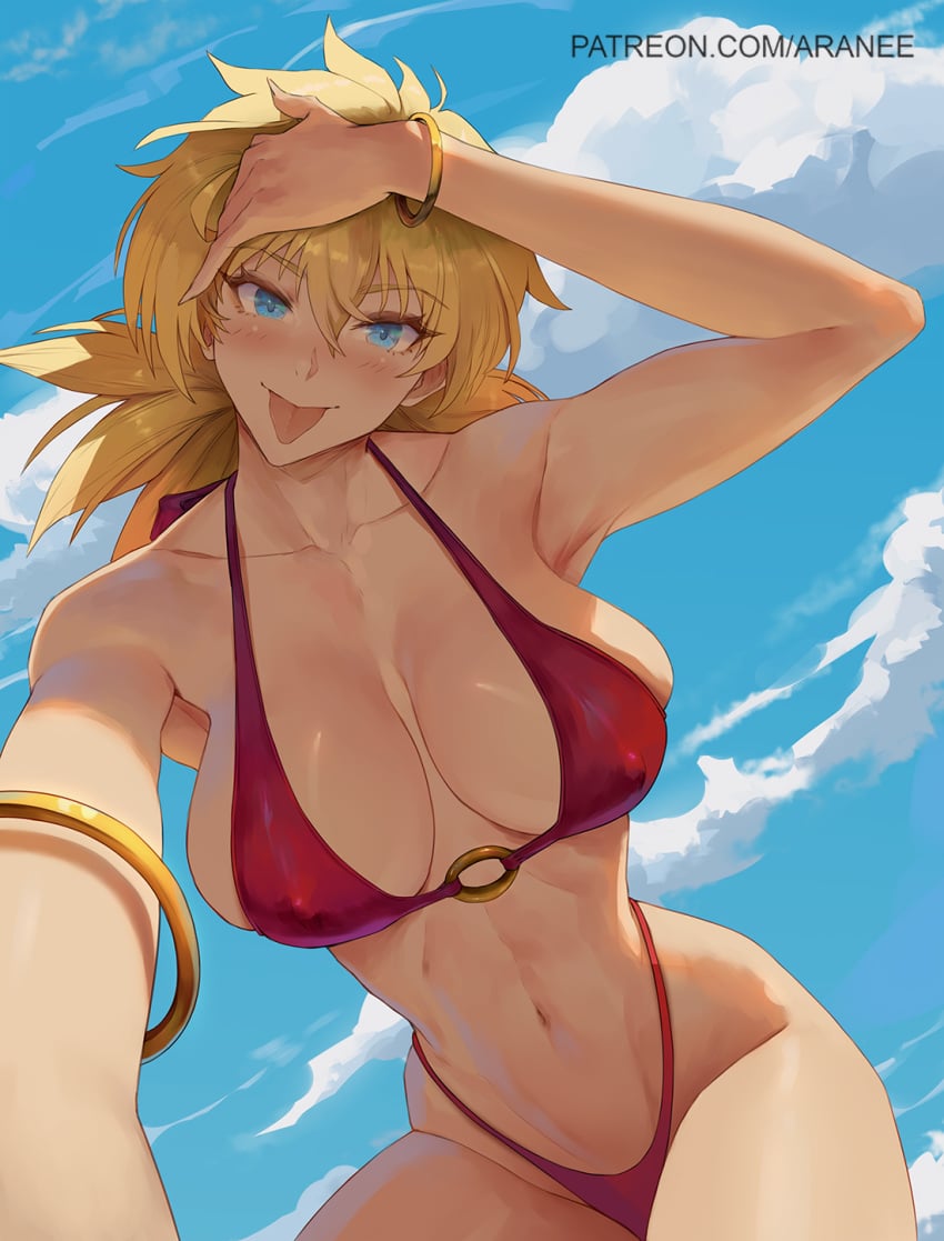 araneesama bangle_(jewelry) big_breasts blonde_female blonde_hair blue_eyes breasts cleavage cloud clouds cloudy_sky fit fit_female halter_bikini halterneck hand_on_head hellsing long_nails pale pale_skin pale_skinned_female ponytail red_swimsuit red_swimwear seras_victoria skinny sky swimsuit swimwear toned toned_belly toned_body toned_female toned_stomach tongue_out white_skin