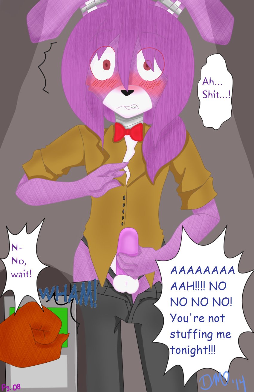 animatronic anthro black_pants blush bonnie_(fnaf) bow_tie brown_fur brown_shirt color comic cute discordmelody disembodied_hand duo female five_nights_at_freddy's freckles full_page fur hair jasmine_ivory lagomorph machine male mammal masturbation mechanical penis purple_fur purple_hair rabbit robot rodent shocked solo_focus squirrel voyeur voyeurism