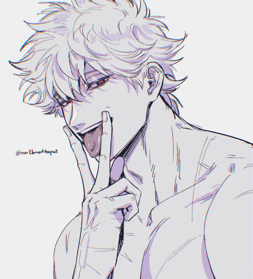 cunnilingus_gesture earthnattapat gintama gintoki_sakata looking_at_viewer male male_only masculine monochrome open_mouth sexually_suggestive solo suggestive_gesture tongue_out topless topless_male upper_body