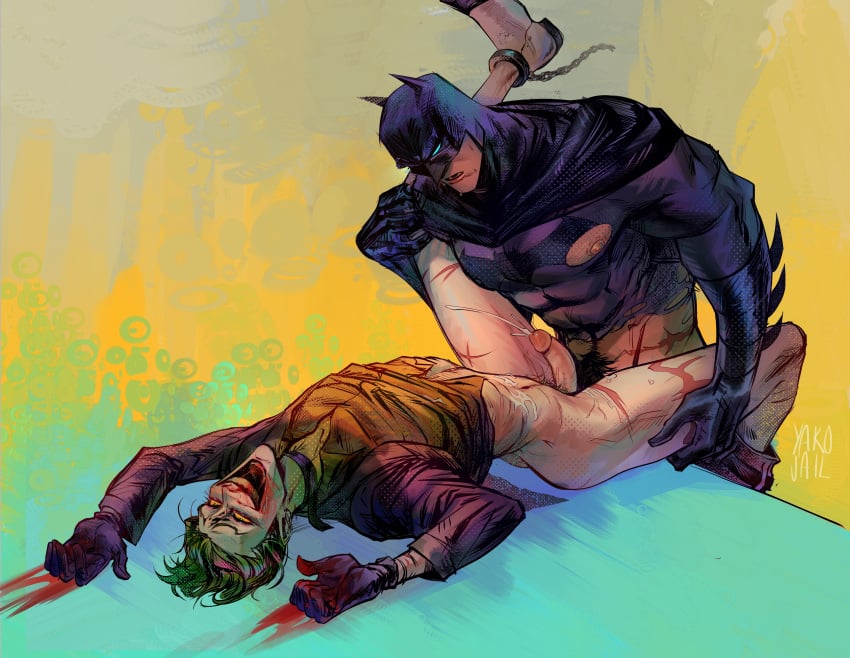 anal batjokes batman batman_(series) blood bruce_wayne clown cum cum_on_body eyes_rolling_back gay gay_male gay_sex green_hair jacocoon joker male muscular muscular_male orgasm overly_muscular overstimulation penetration penis saliva scars shackles size_difference skinny smirk teeth the_joker twink yaoi