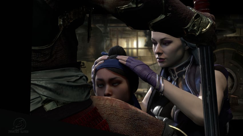 1boy 2girls 3d blowjob family forced holding_head kitana kitana_(mk11) mortal_kombat shao_kahn sindel twistedraven