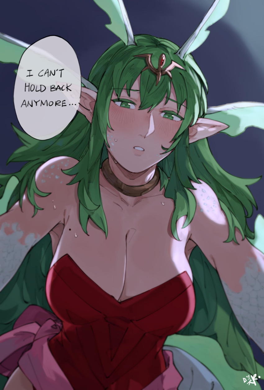 1girls alternate_hairstyle blush breasts cleavage collarbone dragon_girl dragon_horns dragon_wings dress english_text female female female_only fire_emblem fire_emblem_awakening green_eyes green_hair hair_between_eyes hair_ornament highres horns large_breasts long_hair looking_at_viewer mole mole_on_breast nintendo pointy_ears pov red_dress sakuremi scales signature solo strapless strapless_dress sweat tiki_(adult)_(fire_emblem) tiki_(fire_emblem) very_long_hair wings