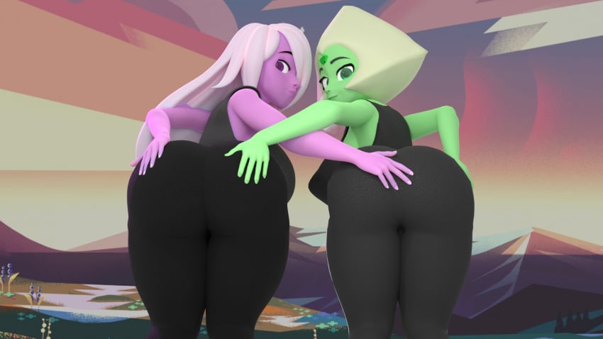 2girls alien alien_girl alien_humanoid amethyst_(steven_universe) ass bending_forward bending_over bent_forward bent_over big_ass bubble_ass bubble_butt cartoon_network clothed dat_ass fat_ass feeling_up female female_only from_behind gem_(species) green-skinned_female green_body green_skin group high_resolution highres landscape large_ass leaning_forward leggings legs lighting long_hair looking_at_viewer looking_back multiple_girls peridot_(steven_universe) presenting presenting_ass presenting_hindquarters purple-skinned_female purple_body purple_skin round_ass round_butt short_hair showing_ass showing_off_ass smiling steven_universe thick thick_ass thick_butt thick_legs thick_thighs touching_ass touching_butt voluptuous voluptuous_female xtra49