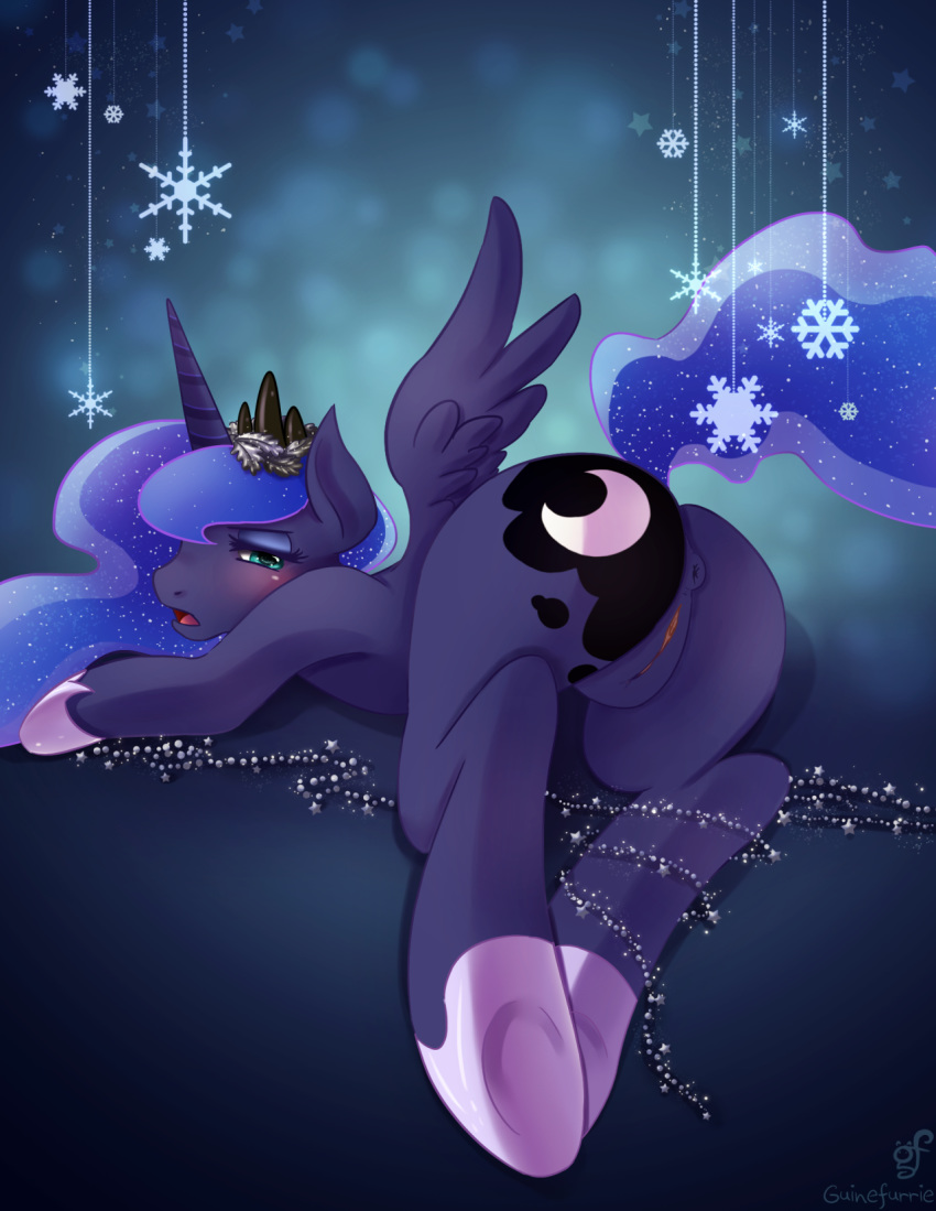 2014 alicorn anus ass blue_eyes blue_fur blue_hair blush cutie_mark equine female friendship_is_magic fur guinefurrie hair horn long_hair mammal my_little_pony princess_luna_(mlp) pussy snowflake solo wings